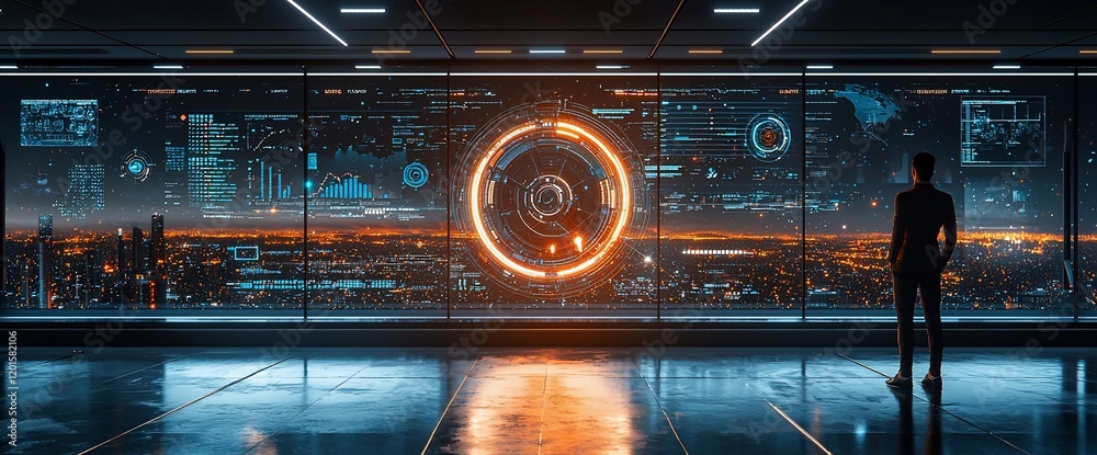 Aufkleber futuristic cityscape viewed through a large window displaying holographic data.