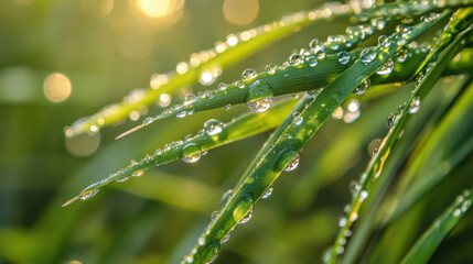 Naklejka premium Close-Up of Dew Drops on Green Grass Blades in Soft Morning Light, Capturing Nature's Beauty and Freshness with an Artistic and Natural Aesthetic