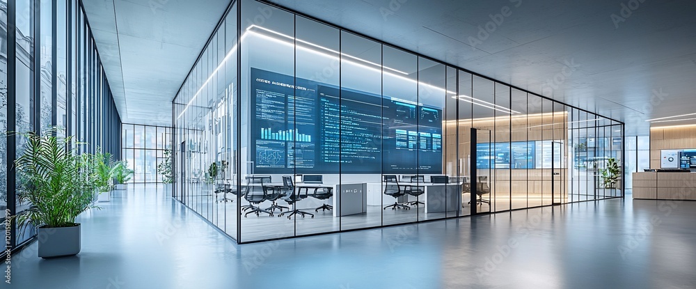 Poster modern glass office with digital displays showing data analytics.