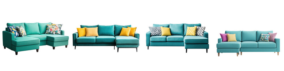 Fototapeta premium Vibrant and Cozy Living Room with Teal Sofa and Colorful Accent Pillows in Contemporary Interior Design Stylish and comfortable living space with modern furniture arrangement balanced color palette