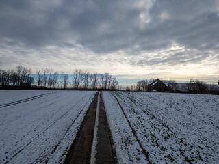 A peaceful and serene snowy field featuring a winding pathway alongside trees set beneath a...
