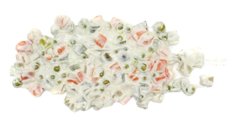 Homemade french salad with mayonnaise spread isolated on white, top view