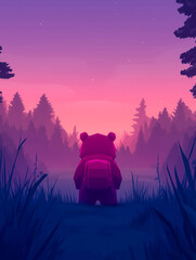 Whimsical illustration of a bear with a backpack gazing at a serene forest landscape under a vibrant purple-pink sunset sky.
