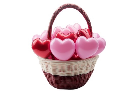  30 heart-shaped balloons in pink and red, arranged on top of each other to form an elegant basket with a handle, isolated on a transparent background png (2)