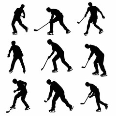 Obraz premium Simple Black Silhouettes of 10 Humans Performing Various Sports on a White Background