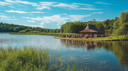 Obraz premium Slavic Community Gathering by Tranquil Lake with Traditional Structures and Forest Scenery