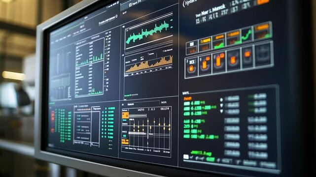 Factory digital dashboard displaying real time information from production line sensors, providing engineers with insights into performance and efficiency