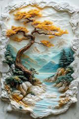 Intricate 3D relief artwork featuring a serene mountain landscape with a golden tree, flowing river, and rugged textures.
