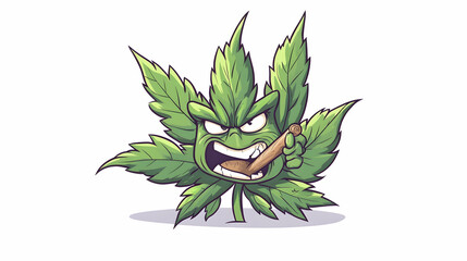 Angry cannabis leaf cartoon smoking a joint, isolated on white background, for cannabis-related content
