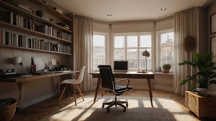 Fototapeta premium Cozy Workspace Interior. Interior of a house. Home Office with Bay Window. Modern Home Office Design