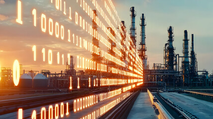 Industrial data transformation oil refinery digital technology urban landscape sunset view modern innovation