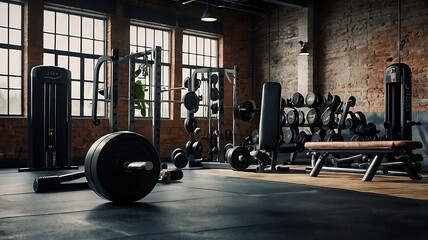 Fototapeta premium equipment in gym. Gym Background, Motivating and Energetic Fitness Atmosphere 