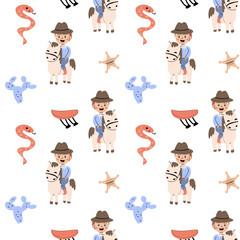 Cowboy and western themed childish pattern for kids' design and decoration projects.