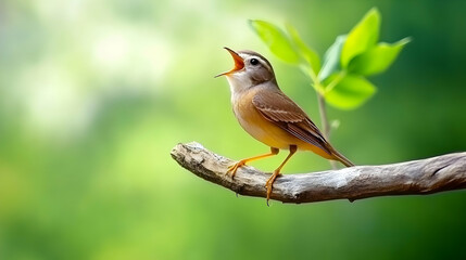 Fototapeta premium Bird singing on branch, lush green forest background, nature photography, perfect for website banners