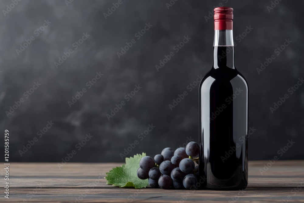 Wall mural Bottle of red wine alongside fresh grapes on a wooden surface with a dark background