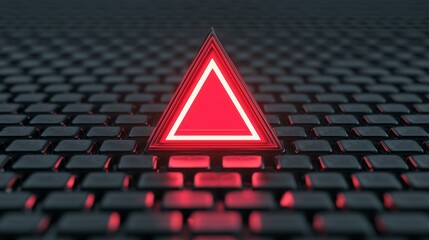 A glowing red triangular warning sign sits on a textured black surface, conveying a sense of alertness and caution.
