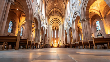Fototapeta premium Cathedral interior, sunlight streams through stained glass, pews line the aisle, peaceful atmosphere, perfect for religious or travel websites