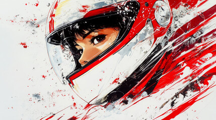 Vibrant artistic portrait of a racer wearing a red helmet, with dynamic brushstrokes conveying speed and intensity.
