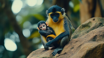 A tender moment between a mother monkey and her baby, showcasing love and nurturing in a vibrant, lush natural setting, highlighting wildlife connection and familial bonds.