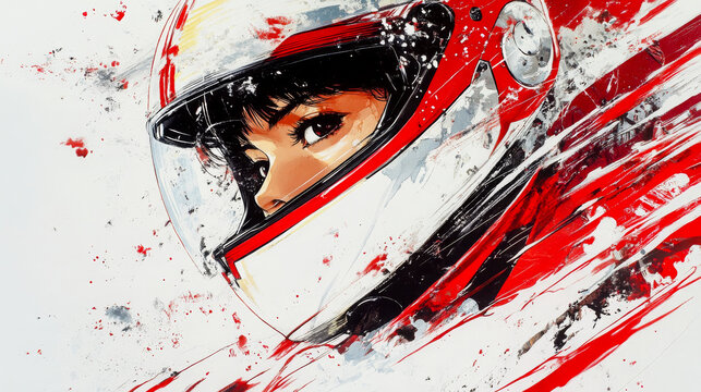 Vibrant artistic portrait of a racer wearing a red helmet, with dynamic brushstrokes conveying speed and intensity.
