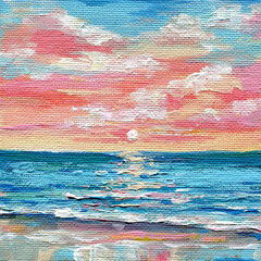 Sunset reflection on calm ocean water with soft clouds acrylic artwork hand-painted on canvas. landscape oil painting 