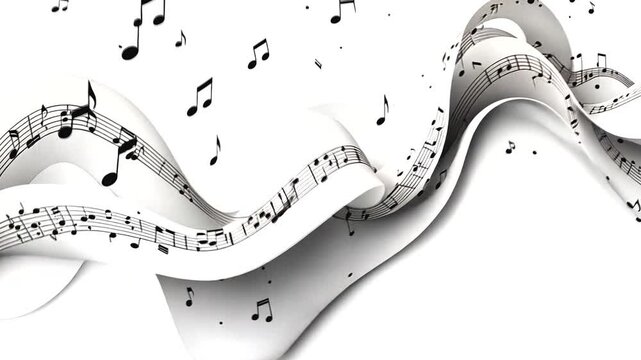 Partitura y notas musicales en movimiento ondeante y sinuoso. Fondo blanco