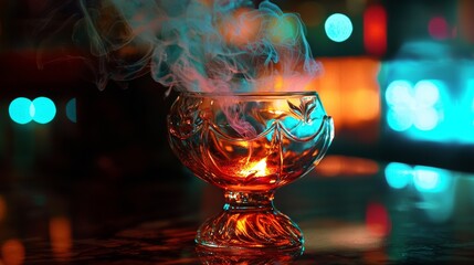 Glowing glass vase with smoke effects on a reflective surface