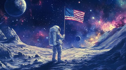 Naklejka premium An astronaut standing on the moon, holding an American flag in their hand and looking at Earth with stars in the space background. The background features galaxies and planets.