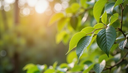 Obraz premium Morning dew on vibrant green leaves, serene forest ambiance
