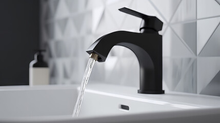 A close-up shot of a modern bathroom faucet with a matte black finish, mounted on a polished white sink with soft water reflections. 