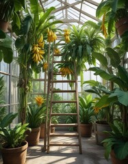 Fototapeta premium Banana plants climb up a wooden ladder in a bright and airy greenhouse, green house, morning sunlight