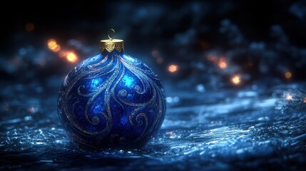 Blue ornate Christmas bauble on icy surface.
