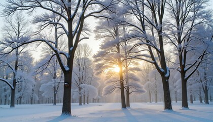 Silhouetted trees in snowy forest at dawn, serene tranquility