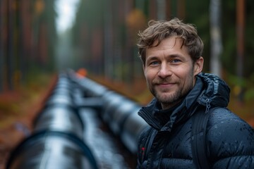 Engineer inspects large water pipe installation at construction site for drainage quality standards