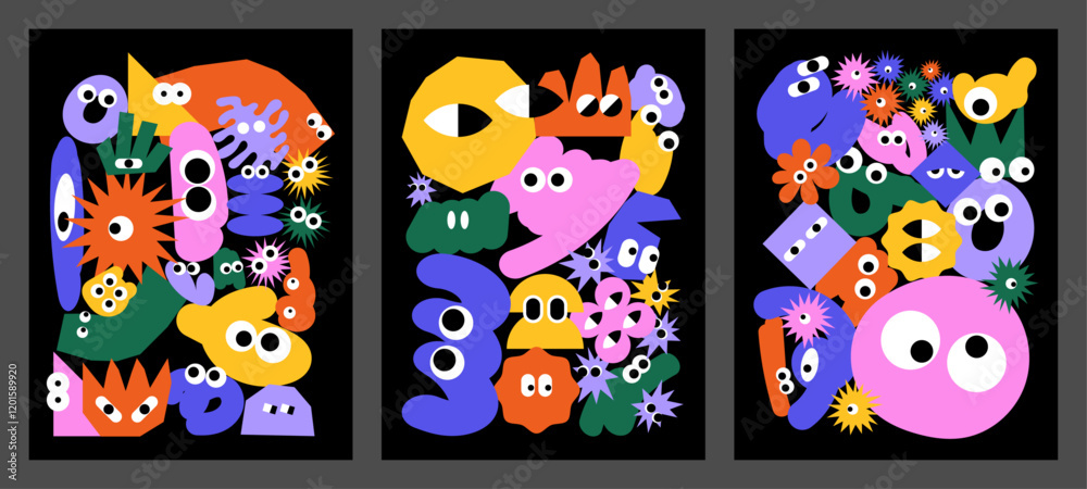 Sticker funny backgrounds with abstract shapes and childish characters. set of posters with colorful doodles