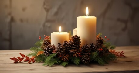 autumnal candle arrangement with pinecones and leaves, cozy ambiance, autumn theme, pinecones