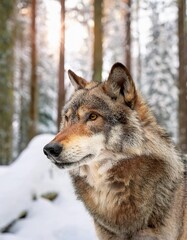 Obraz premium Majestic wolf observing winter wonderland in snowy forest