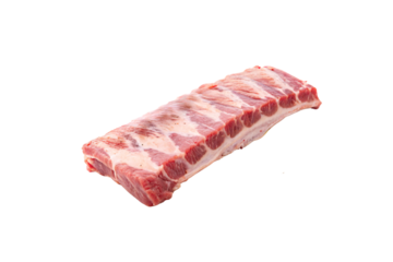A fresh uncooked rack of pork ribs displayed on a black background. The marbled texture highlights its juicy, tender quality, ready for grilling or roasting. Isolated on a transparent background