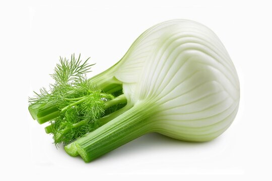 Fresh Fennel (Foeniculum vulgare) tube. Fennel Bulb. Single fresh fennel bulb with leaves on white background