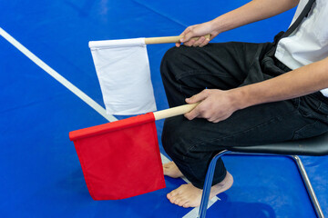 The karate referee sitting beside the mat