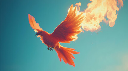 Obraz premium Fiery phoenix rising against a blue sky fantasy art outdoor aerial view mythical symbol of rebirth