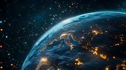 Obraz premium Earth at night, city lights, space, global communication, futuristic technology