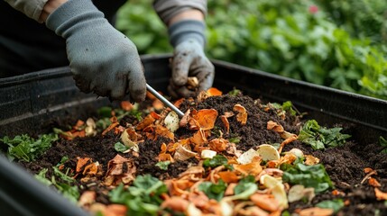 Gardener mixes vegetable peels and leaves in compost bin in lush backyard garden