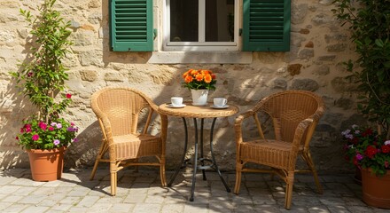 Obraz premium A charming outdoor café setting with wicker chairs, a round table, colorful flowers, and green shutters against a rustic stone wall in the sunlight.