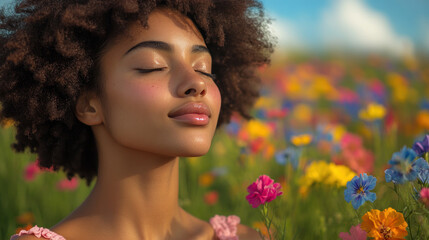 Afro woman breathing and relaxing on a beautiful colorful flower field