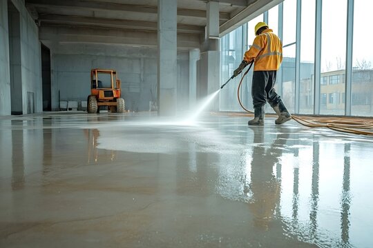 Construction worker wearing safety equipment using pressure washer cleaning concrete floor in modern building under construction, preparing for final finishes