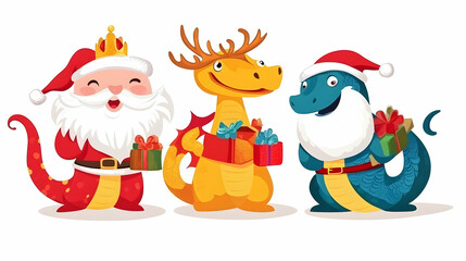 Obraz premium Festive dragon, Santa, and dinosaur characters with gifts; holiday greeting card illustration