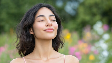 Fototapeta premium Arabian woman breathing and relaxing on a beautiful colorful flower field
