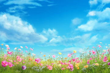 Fototapeta premium Colorful cosmos flowers blooming in a green field under a bright blue sky with fluffy white clouds create a picturesque summer landscape