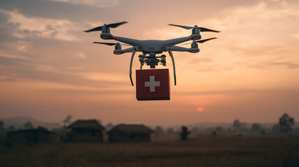 Life-saving drone delivers medical supplies remote village aerial photography sunset innovative healthcare solution